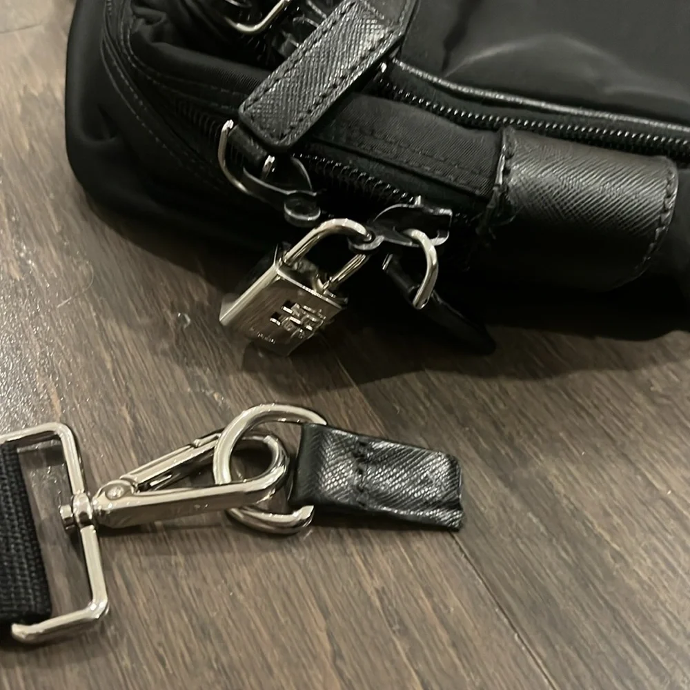 Prada black re-nylon and saffiano leather laptop messenger bag